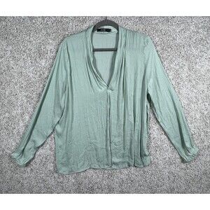 Amaro Womens Blouse Green Long Sleeve V Neck Casual Top Size 42